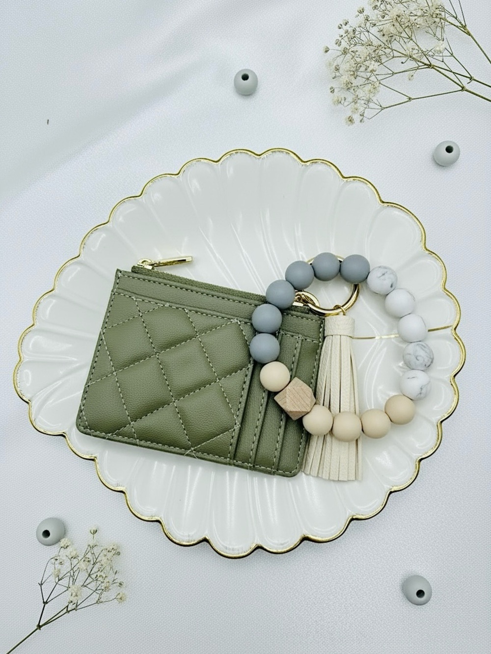 Sage Green Quilted Card Holder Wallet Wristlet Keychain Tassel
